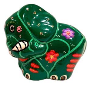 Vintage Handpainted Mexican Talavera elephant salt shaker figurine Green Floral